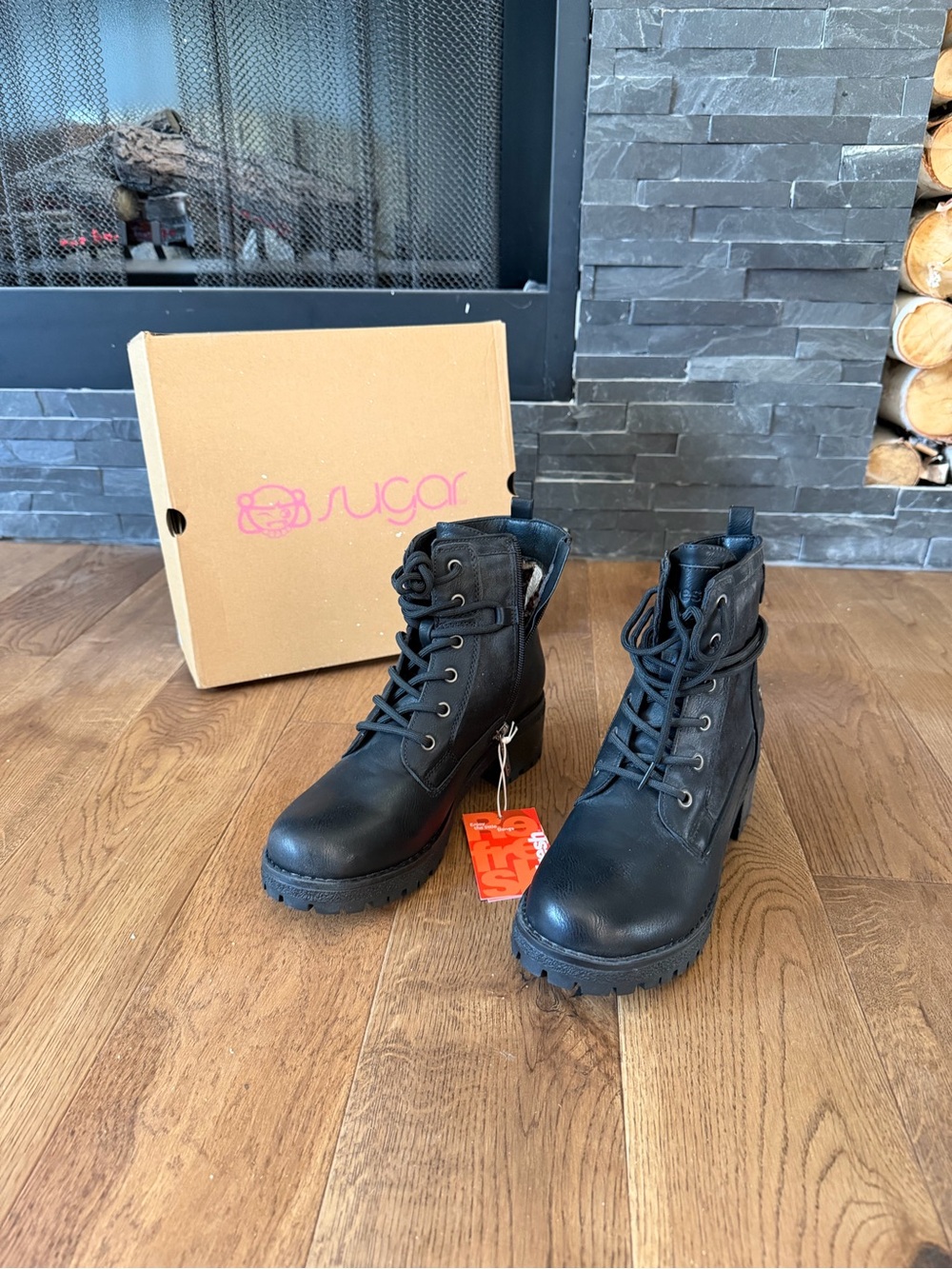 Sugar Black Lace-Up Lug Sole Combat Boots 8 NEW